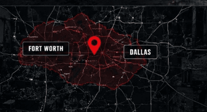Stylized dark Dallas-Fort Worth service area map highlighting coverage in Dallas, Fort Worth, and 48 surrounding cities