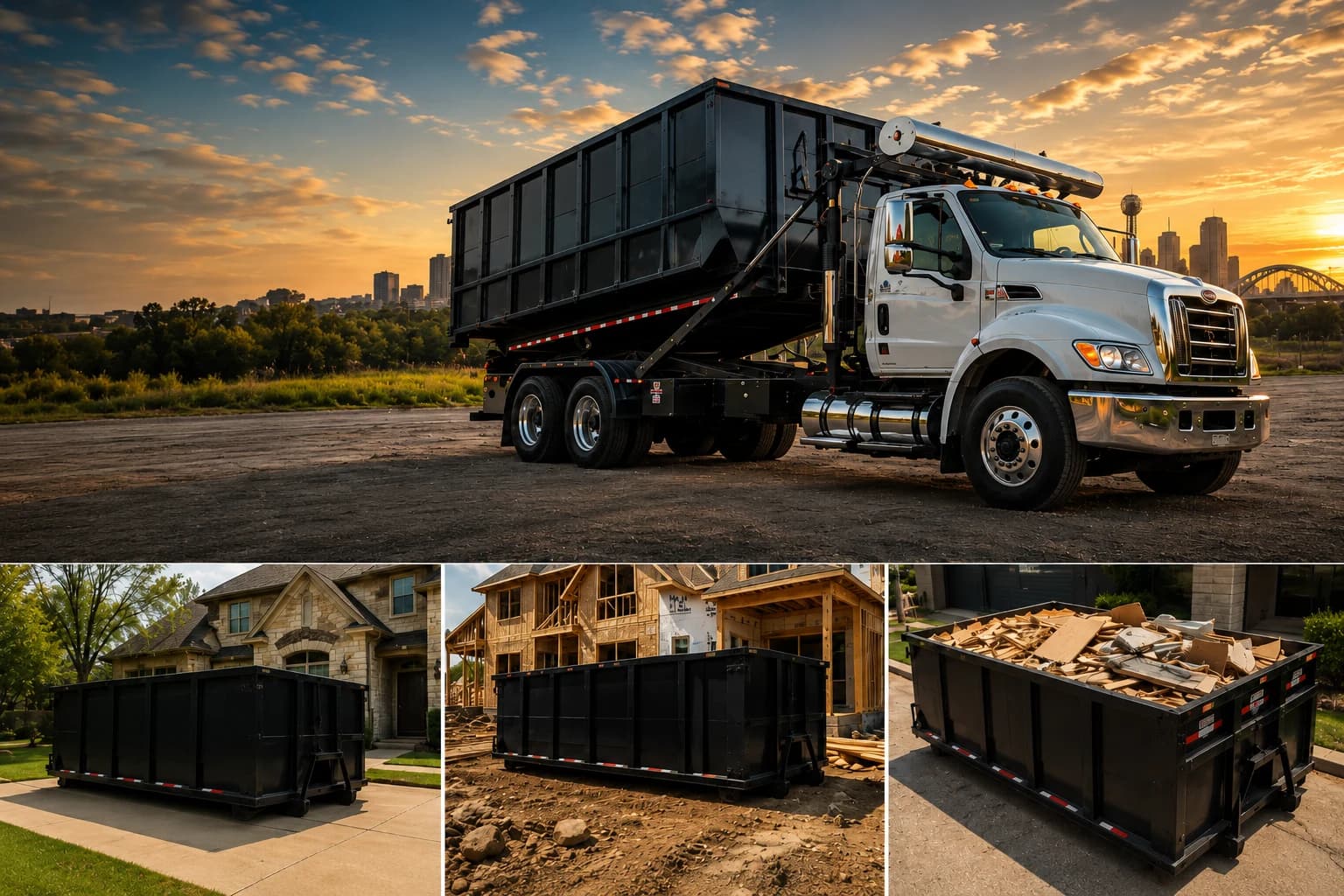 Wolf Ridge Dumpsters roll-off container on Dallas-Fort Worth construction site at sunset