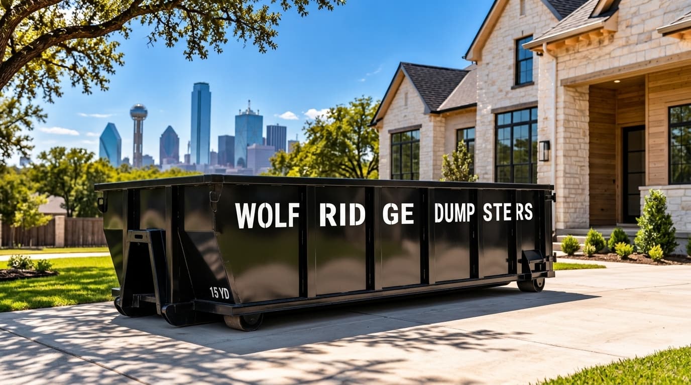 Wolf Ridge 15-yard roll-off dumpster rental on residential driveway in Dallas-Fort Worth